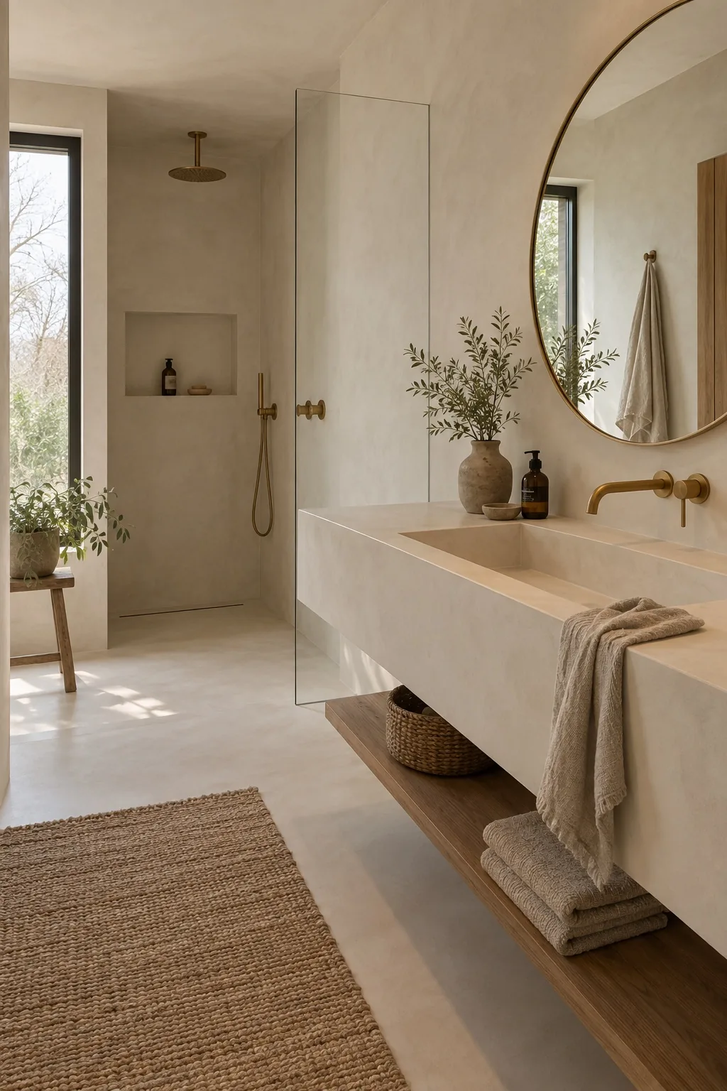 Meuble vasque et murs de salle de bain en béton ciré blanc chaud