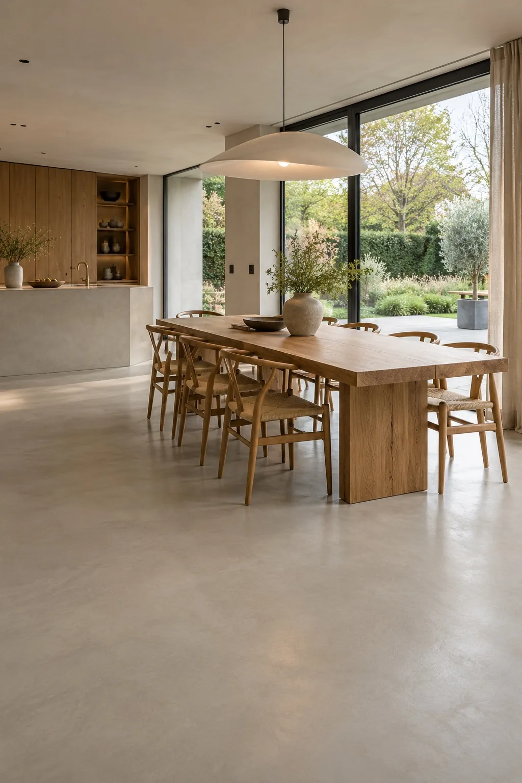 Salle à manger avec sol en béton ciré greige