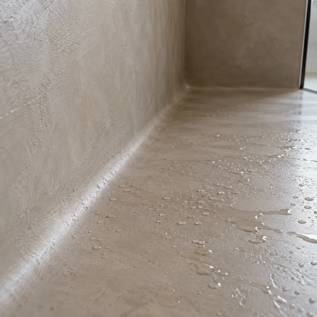 Raccord arrondi sans joint entre le sol et le mur d'une douche en béton ciré