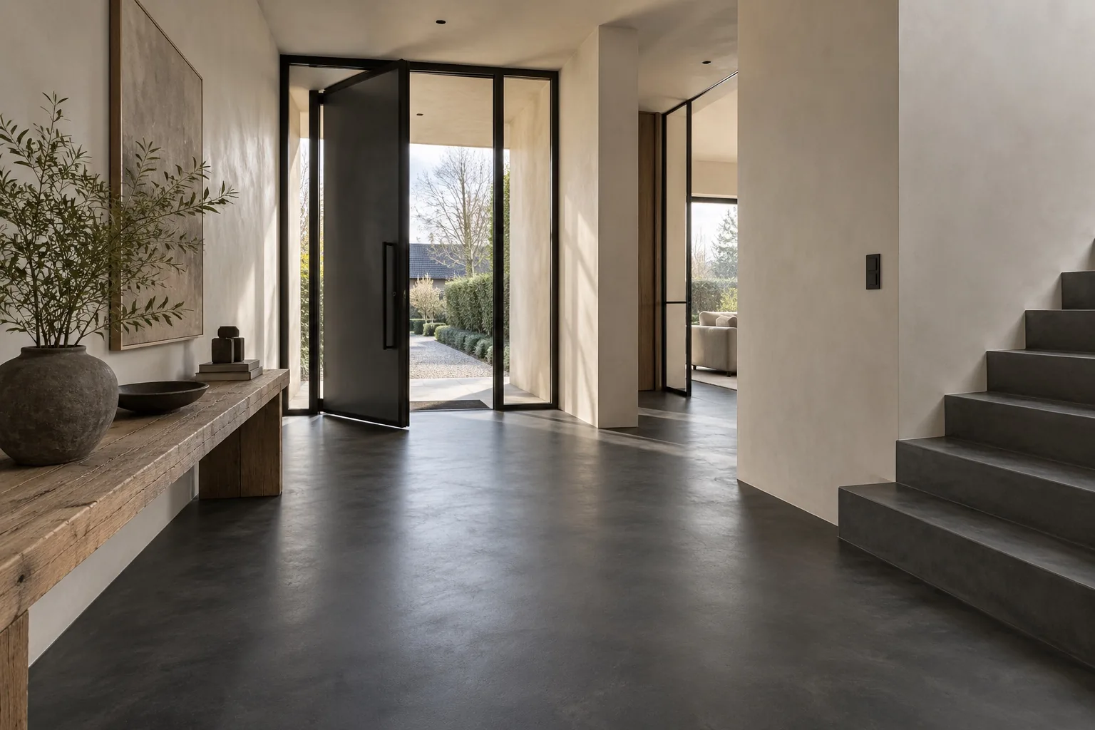 Hall d'entrée avec sol anthracite et murs clairs en béton ciré