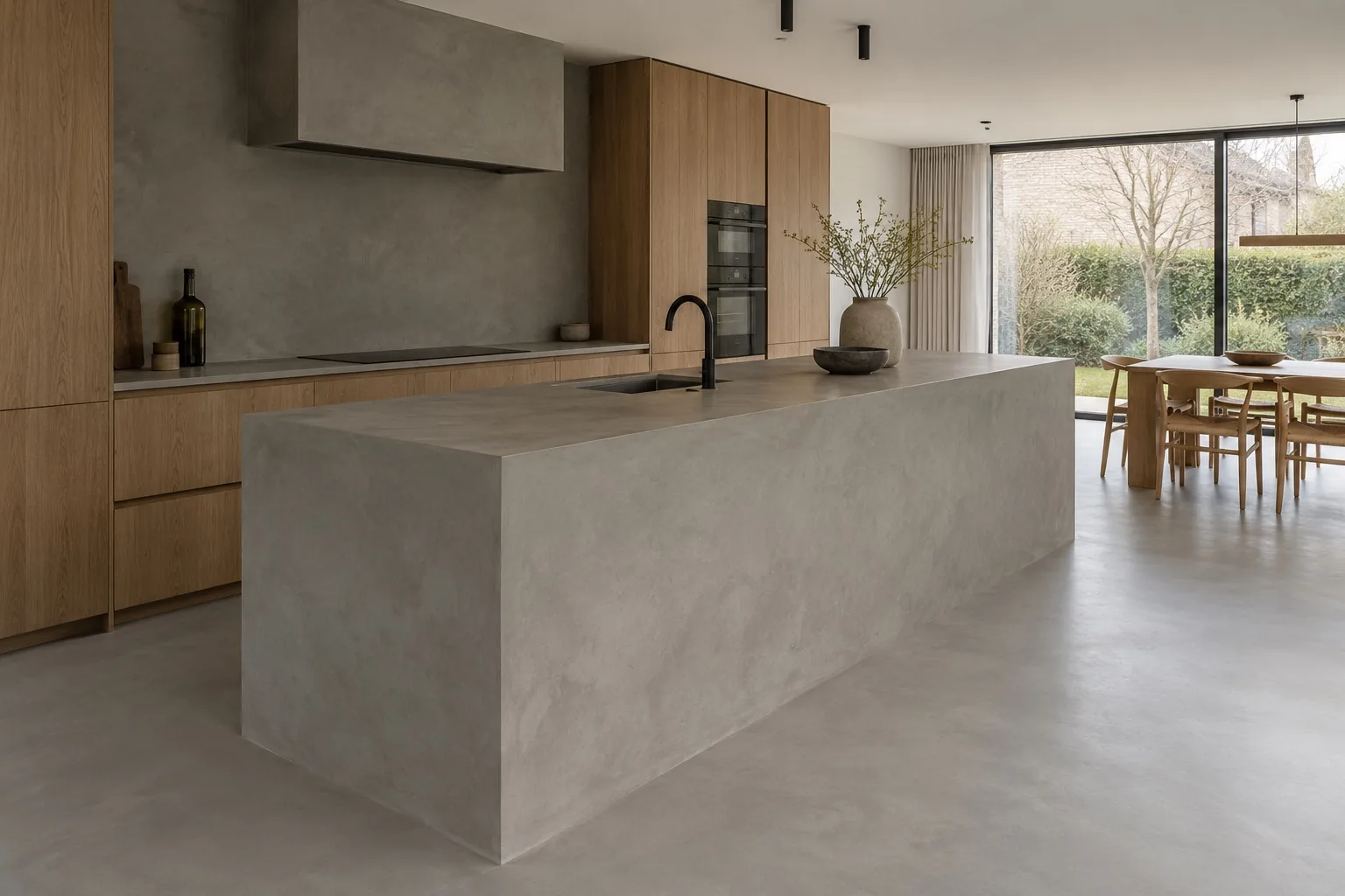 Cuisine avec sol et îlot en béton ciré gris minéral